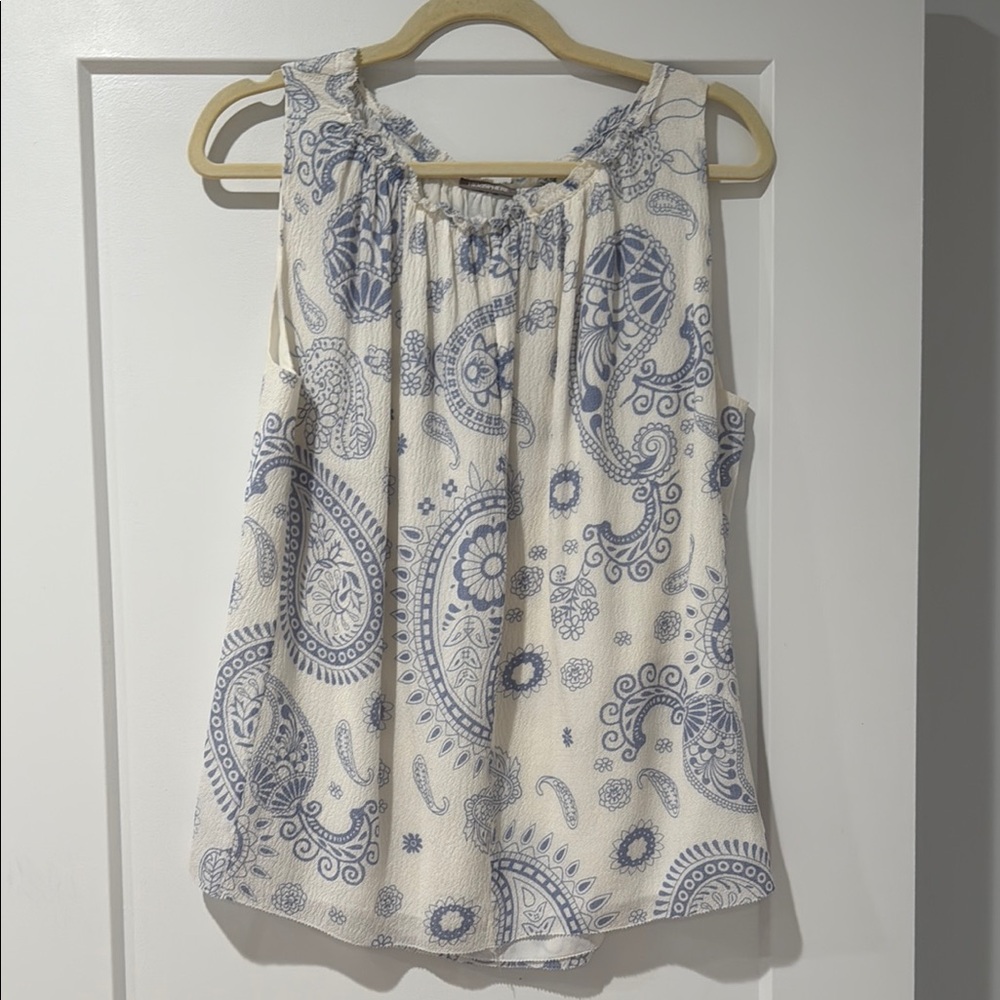 Blue and White Relaxed Tie Front Blouse